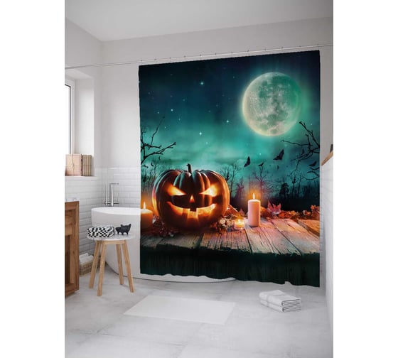 Штора (занавеска) для ванной JoyArty "Тыква на Хеллоуин" из сатена, 180х200 см с крючками, sc_36737 1