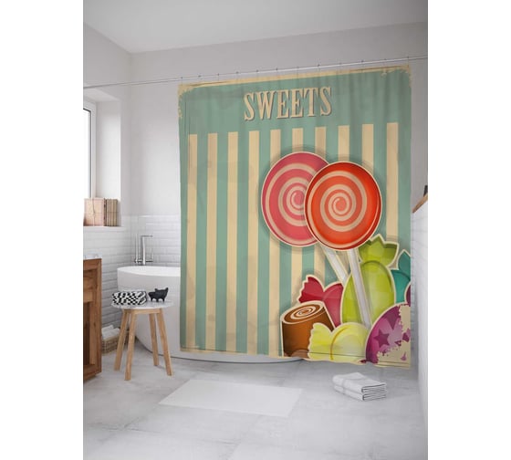 Штора (занавеска) для ванной JoyArty "Сладкие леденцы" из сатена, 180х200 см с крючками, sc_30750 1