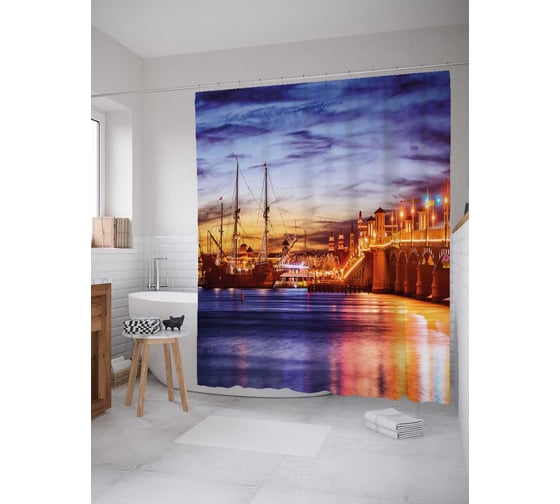 Штора (занавеска) для ванной JoyArty "Яркие огни на воде" из сатена, 180х200 см с крючками, sc_36816 1