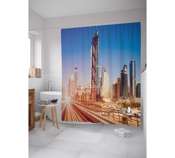 Штора (занавеска) для ванной JoyArty "Утро в Дубае" из сатена, 180х200 см с крючками, sc_32876