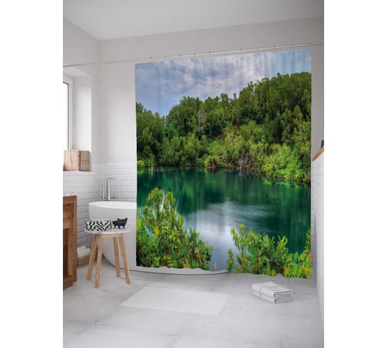 Штора (занавеска) для ванной JoyArty "Озеро в лесу" из сатена, 180х200 см с крючками, sc_32962 1