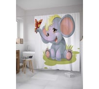 Штора (занавеска) для ванной JoyArty "Слоненок с бабочкой" из сатена, 180х200 см с крючками, sc_36207