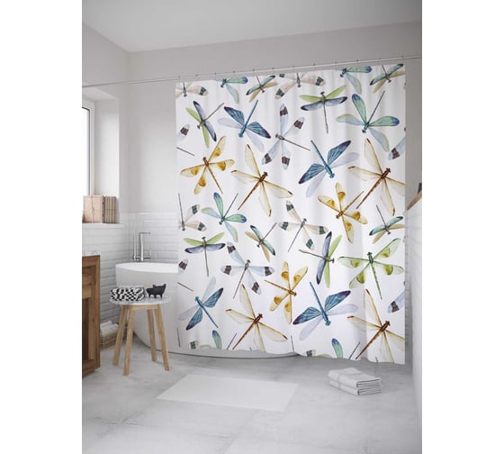 Штора (занавеска) для ванной JoyArty "Разнокрылые стрекозы" из сатена, 180х200 см с крючками, sc_35207 1