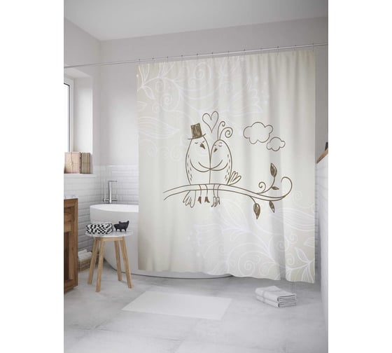 Штора (занавеска) для ванной JoyArty "Птички молодожены" из сатена, 180х200 см с крючками, sc_35140 1