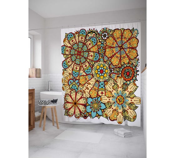 Штора (занавеска) для ванной JoyArty "Цветочный механизм" из сатена, 180х200 см с крючками, sc_31489 1