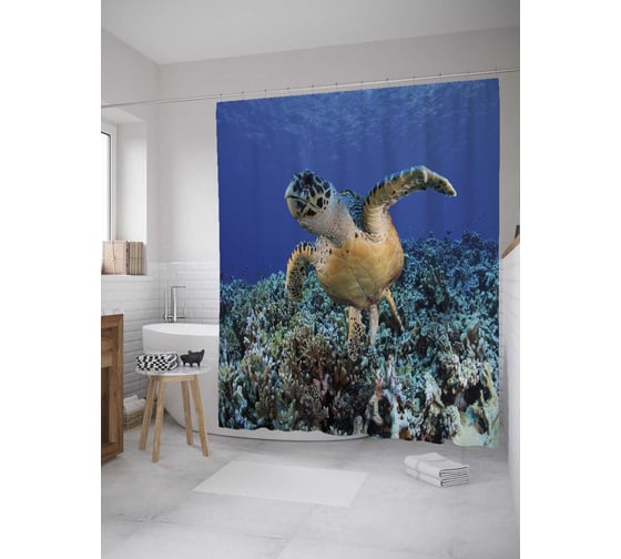 Штора (занавеска) для ванной JoyArty "Черепаха плывет" из сатена, 180х200 см с крючками, sc_35228