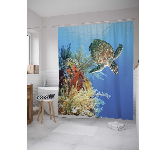 Штора (занавеска) для ванной JoyArty "Мимо коралл" из сатена, 180х200 см с крючками, sc_35230