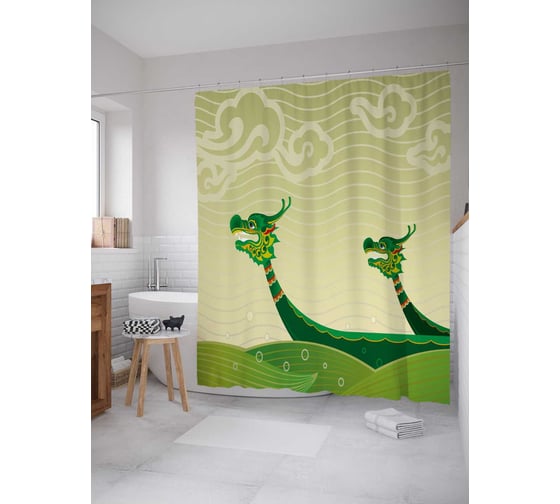 Штора (занавеска) для ванной JoyArty "Драконьи лодки" из сатена, 180х200 см с крючками, sc_36663 1