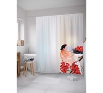 Штора (занавеска) для ванной JoyArty "Снегирь на рябине" из сатена, 180х200 см с крючками, sc_38366