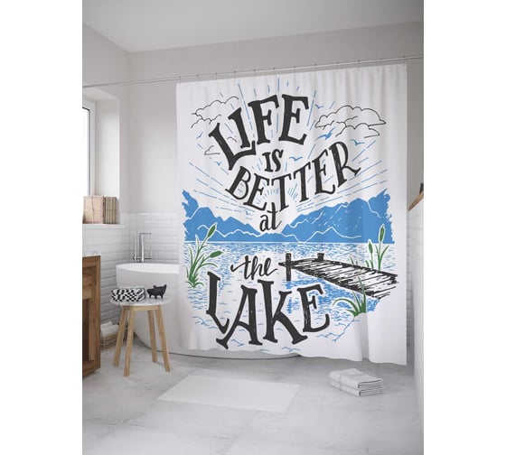 Штора (занавеска) для ванной JoyArty "Жизнь на озере" из сатена, 180х200 см с крючками, sc_35763 1