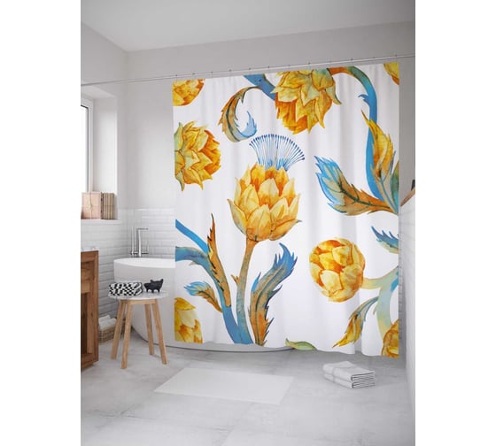 Штора (занавеска) для ванной JoyArty "Цветение артишока" из сатена, 180х200 см с крючками, sc_38910 1