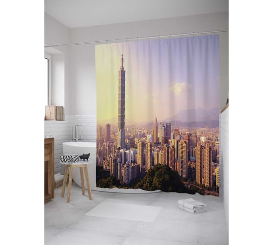 Штора (занавеска) для ванной JoyArty "Вид на город" из сатена, 180х200 см с крючками, sc_31021 1