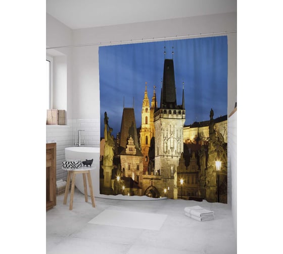 Штора (занавеска) для ванной JoyArty "Карлов мост Малостранская башня" из сатена, 180х200 см с крючками, sc_32804 1