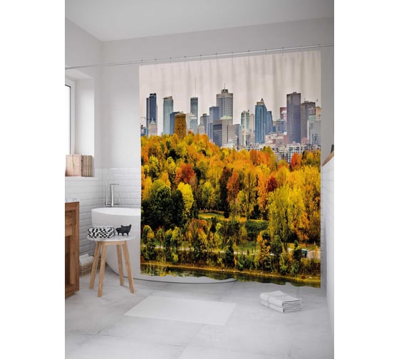 Штора (занавеска) для ванной JoyArty "Парк в мегаполисе" из сатена, 180х200 см с крючками, sc_37669 1