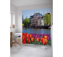 Штора (занавеска) для ванной JoyArty "Городской пейзаж с тюльпанами" из сатена, 180х200 см с крючками, sc_30777