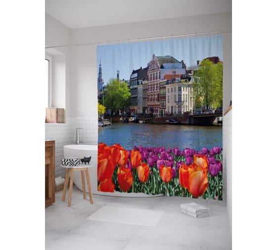 Штора (занавеска) для ванной JoyArty "Городской пейзаж с тюльпанами" из сатена, 180х200 см с крючками, sc_30777 1
