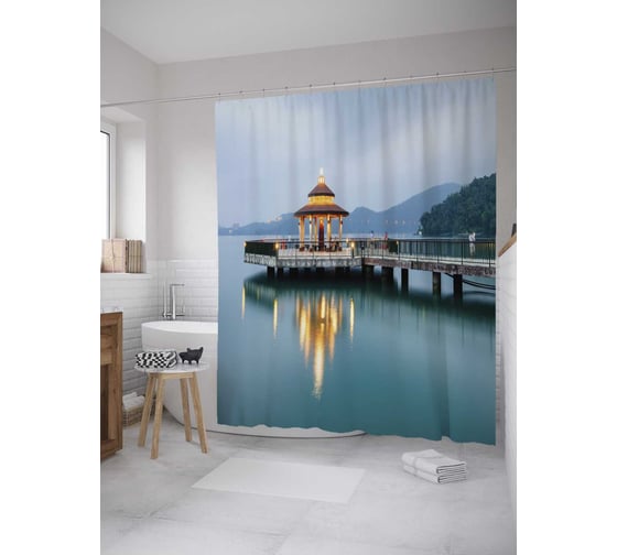 Штора (занавеска) для ванной JoyArty "Беседка на причале" из сатена, 180х200 см с крючками, sc_32550 1