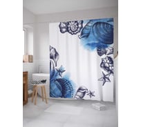 Штора (занавеска) для ванной JoyArty "Синие ракушки" из сатена, 180х200 см с крючками, sc_30429