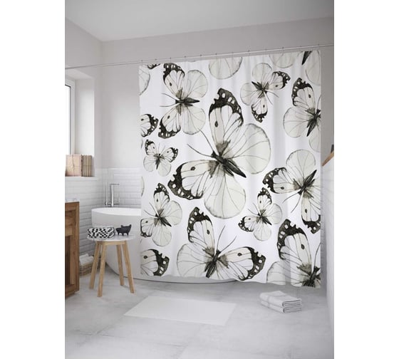 Штора (занавеска) для ванной JoyArty "Нежные бабочки" из сатена, 180х200 см с крючками, sc_31007 1