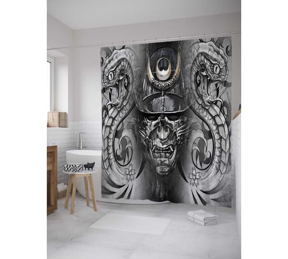 Штора (занавеска) для ванной JoyArty "Японская маска воина" из сатена, 180х200 см с крючками, sc_32576
