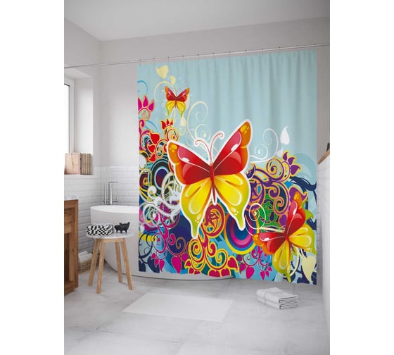 Штора (занавеска) для ванной JoyArty "Разноцветные бабочки" из сатена, 180х200 см с крючками, sc_30789 1