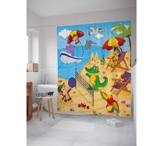Штора (занавеска) для ванной JoyArty "Пляж животных" из сатена, 180х200 см с крючками, sc_30386 1