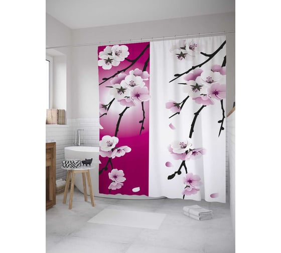 Штора (занавеска) для ванной JoyArty "Сакура" из сатена, 180х200 см с крючками, sc_31032 1