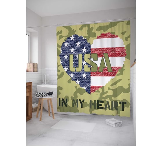 Штора (занавеска) для ванной JoyArty "Америка в моем сердце" из сатена, 180х200 см с крючками, sc_30439 1