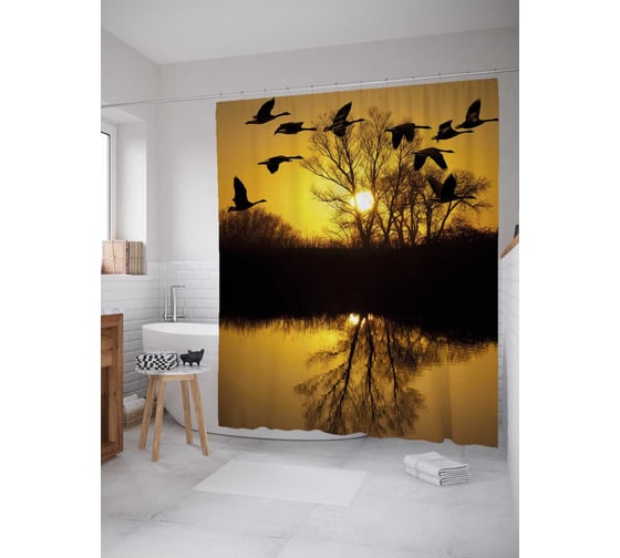 Штора (занавеска) для ванной JoyArty "Вечерний полет птиц" из сатена, 180х200 см с крючками, sc_30801 1