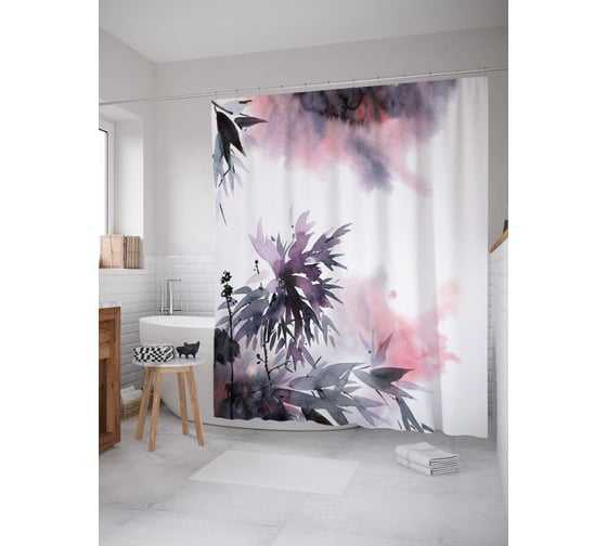 Штора (занавеска) для ванной JoyArty "Акварельные листья бамбука" из сатена, 180х200 см с крючками, sc_30029 1