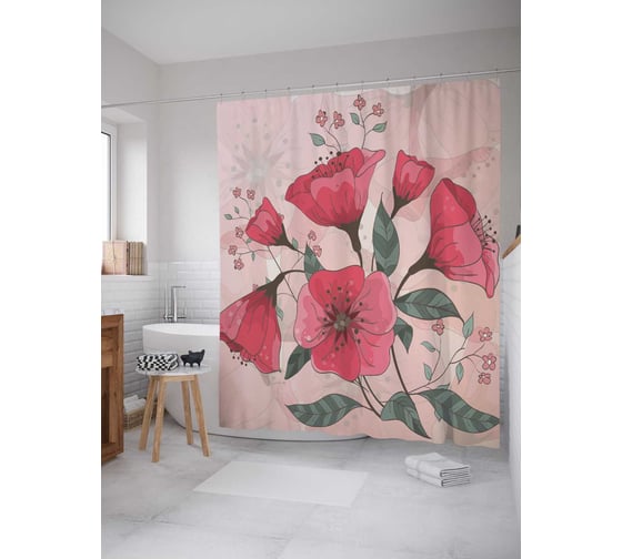 Штора (занавеска) для ванной JoyArty "Раскрывающийся букет" из сатена, 180х200 см с крючками, sc_30931 1