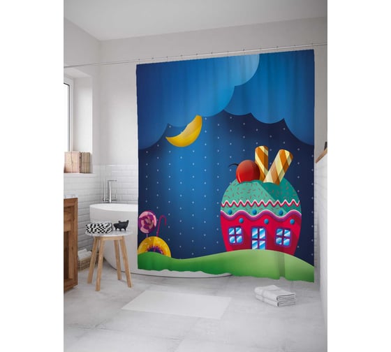 Штора (занавеска) для ванной JoyArty "Сладкий домик" из сатена, 180х200 см с крючками, sc_30807 1