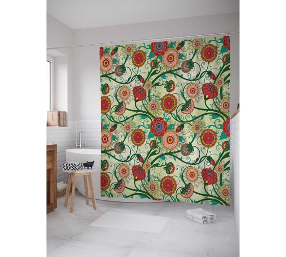 Штора (занавеска) для ванной JoyArty "Связанные цветы" из сатена, 180х200 см с крючками, sc_30783 1