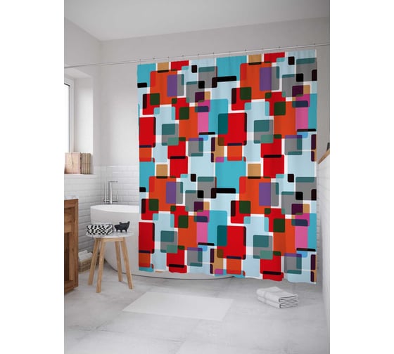Штора (занавеска) для ванной JoyArty "Многослойные квадраты" из сатена, 180х200 см с крючками, sc_30947 1