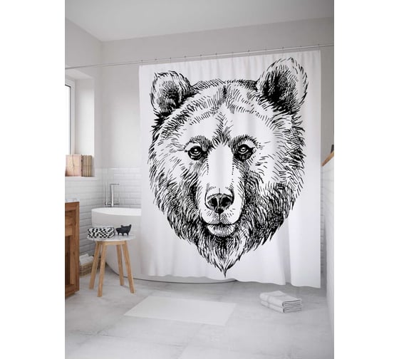 Штора (занавеска) для ванной JoyArty "Эскиз медведя" из сатена, 180х200 см с крючками, sc_30837 1