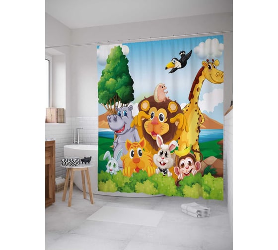 Штора (занавеска) для ванной JoyArty "Жизнь в джунглях" из сатена, 180х200 см с крючками, sc_30335