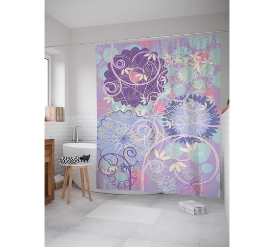 Штора (занавеска) для ванной JoyArty "Спирали с цветами" из сатена, 180х200 см с крючками, sc_30900 1