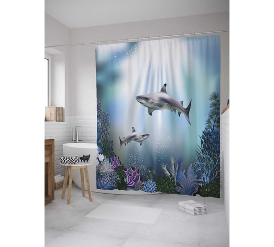 Штора (занавеска) для ванной JoyArty "Подводные хищники" из сатена, 180х200 см с крючками, sc_32744 1