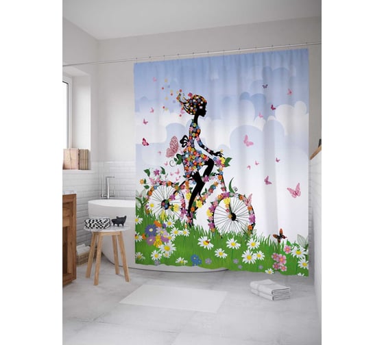 Штора (занавеска) для ванной JoyArty "Цветочная поездка на велосипеде" из сатена, 180х200 см с крючками, sc_30307 1
