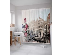 Штора (занавеска) для ванной JoyArty "Город и тюльпаны" из сатена, 180х200 см с крючками, sc_30851