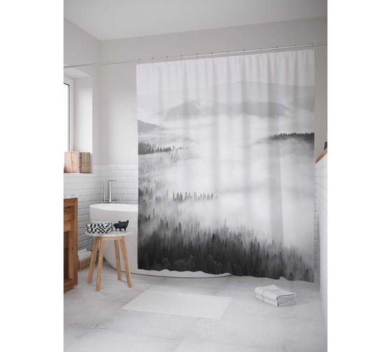 Штора (занавеска) для ванной JoyArty "Туманные холмы" из сатена, 180х200 см с крючками, sc_30980 1