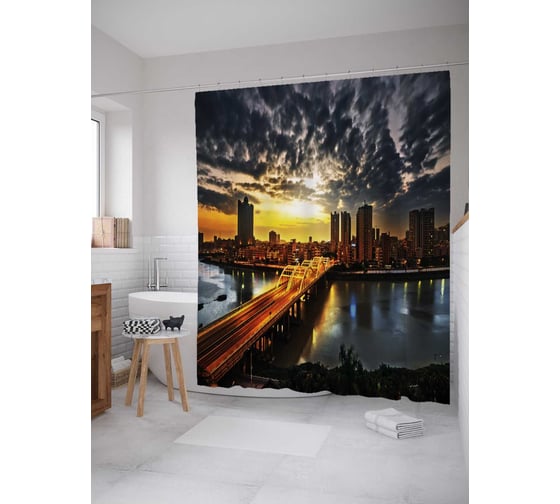 Штора (занавеска) для ванной JoyArty "Городской трафик на закате" из сатена, 180х200 см с крючками, sc_31607 1