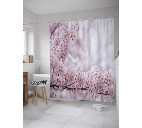 Штора (занавеска) для ванной JoyArty "Вишневый сад" из сатена, 180х200 см с крючками, sc_31506 1