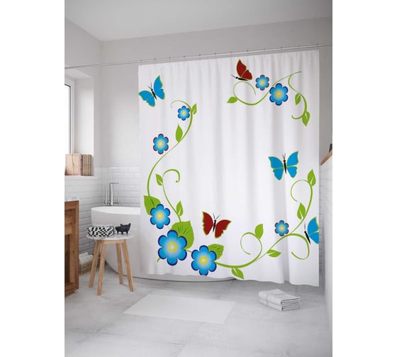 Штора (занавеска) для ванной JoyArty "Мотыльки над цветами" из сатена, 180х200 см с крючками, sc_31618 1