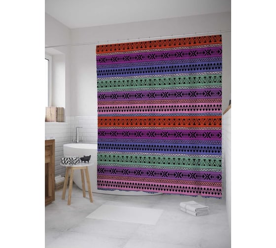 Штора (занавеска) для ванной JoyArty "Этнические полосы" из сатена, 180х200 см с крючками, sc_31629 1