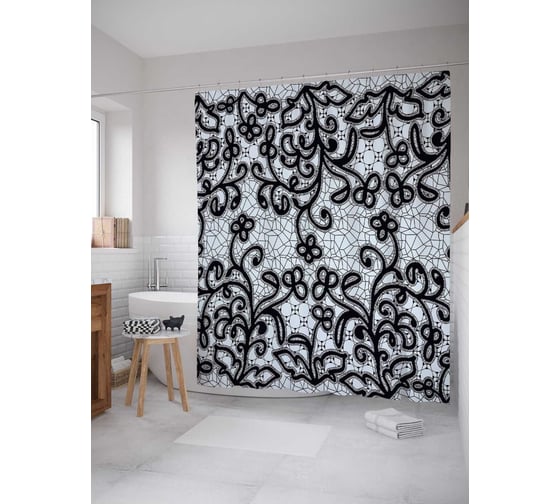 Штора (занавеска) для ванной JoyArty "Темный цветочный узор" из сатена, 180х200 см с крючками, sc_30123