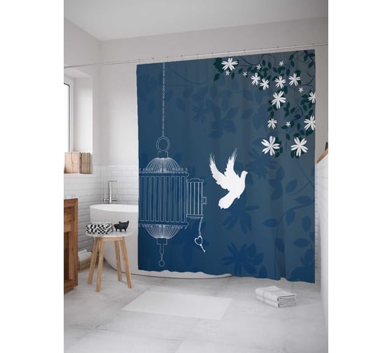 Штора (занавеска) для ванной JoyArty "Вылетевший из клетки голубь" из сатена, 180х200 см с крючками, sc_30185 1