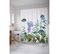Штора (занавеска) для ванной JoyArty "Медуза в подводном мире" из сатена, 180х200 см с крючками, sc_30147