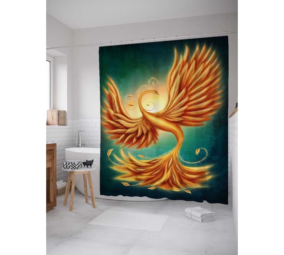 Штора (занавеска) для ванной JoyArty "Фантастический феникс" из сатена, 180х200 см с крючками, sc_30024 1