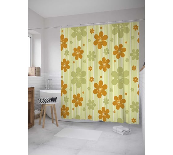 Штора (занавеска) для ванной JoyArty "Горчичные цветочки" из сатена, 180х200 см с крючками, sc_31357 1